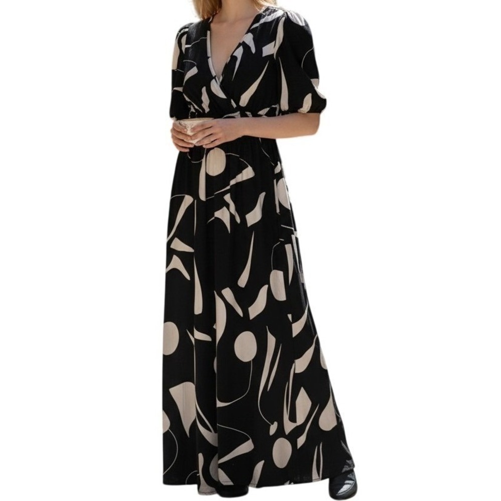 Maxi Dress Women Boho Abstract Modest V-Neck Short Sleeve Size M Black Creme